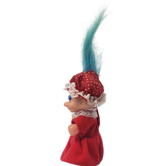 Vintage Russ Troll Doll Red Lace Dress Polka Dot Hat & Blue Hair 90s Retro - Picture 2 of 4